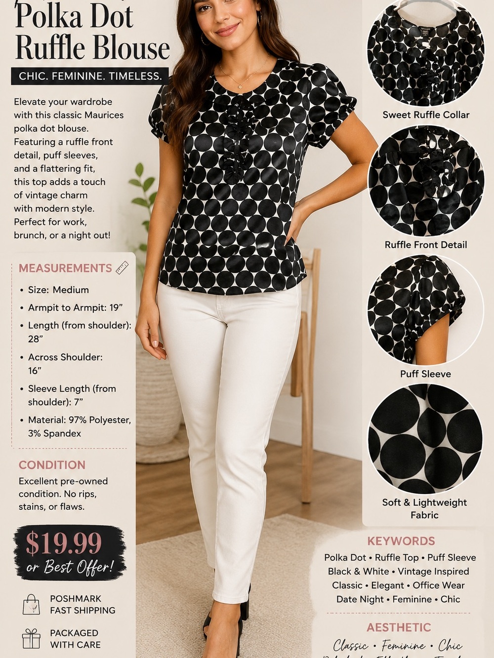 Maurices Black and White Polka Dot Satin Top - Picture 1 of 9
